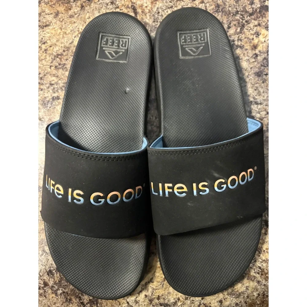Reef Mens One Slide Sandals Black Life Is Good‎ Logo Comfort Beach Shoes Size 11